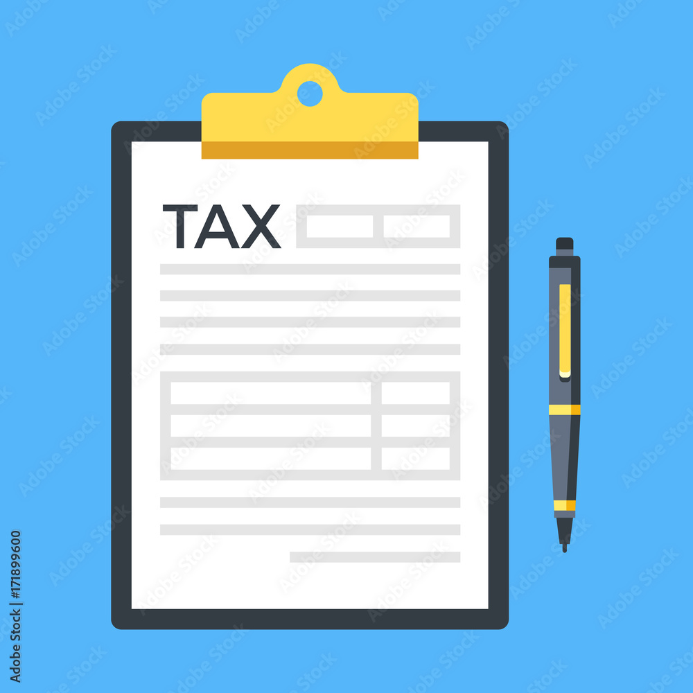 Tax form. Clipboard with tax form and pen. Modern flat design. Top view