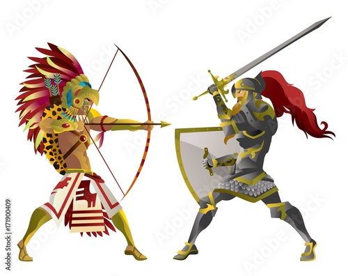 european knight fighting an aztec warrior