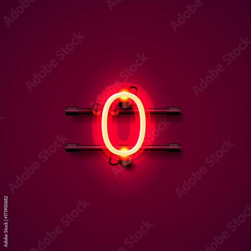 Neon city font sign number 0, signboard zero. Vector illustration