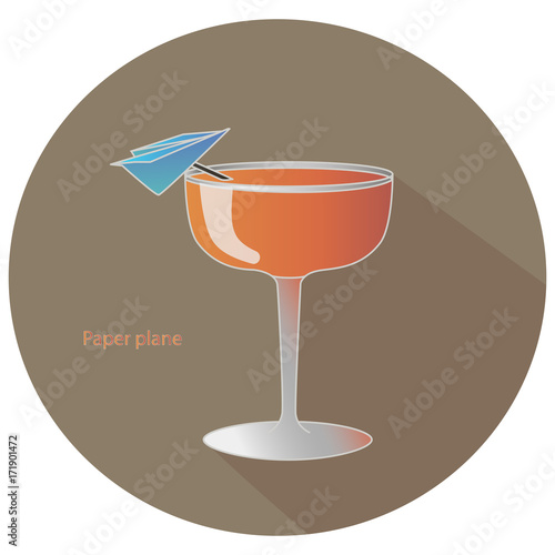 Hand drawn vector illustration of a Paper plane alcohol bourbon and amaro cocktail with a blue paper plane decoration, in a brown circle with a shadow and the text. Bar menu