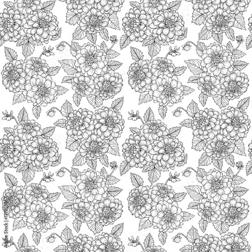Fototapeta Naklejka Na Ścianę i Meble -  Beautiful monochrome, black and white seamless pattern with dahlia bouquets. Hand-drawn contour. design greeting card and invitation of wedding, birthday, Valentine's Day, mother's day, other holiday.