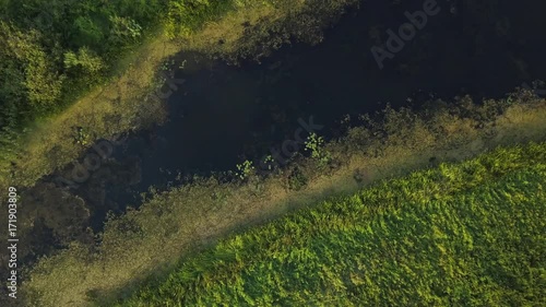 Aerial View. Flying over the beautiful sunny field with river