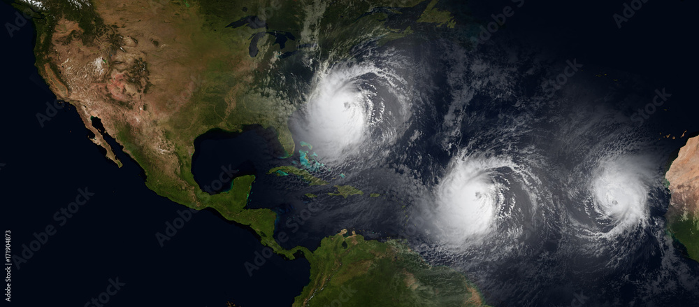 Extremely detailed and realistic high resolution 3d illustration of 3 hurricanes approaching northeast of USA. Shot from Space. Elements of this image are furnished by Nasa. - obrazy, fototapety, plakaty 