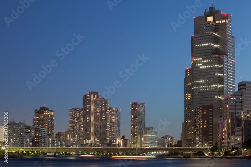 View of Tokyo city and sumida river in evening