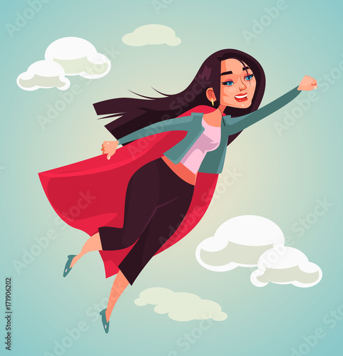 Super woman character flying. Vector flat cartoon illustration