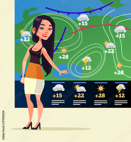 Happy smiling woman weather reporter character. Vector flat cartoon illustration