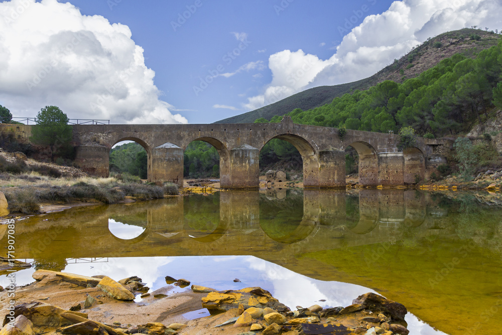 Roman Bridge and watermill with reflections in Odiel River