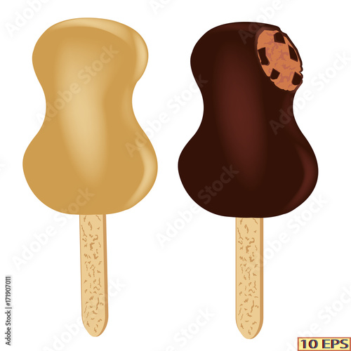 Classic Ice cream on a stick. Vector ice cream. Sundae. Chocolate ice cream. Sundae drizzled with chocolate. Dessert. The ice cream in chocolate with nuts. Sundae caramel. Vector illustration.