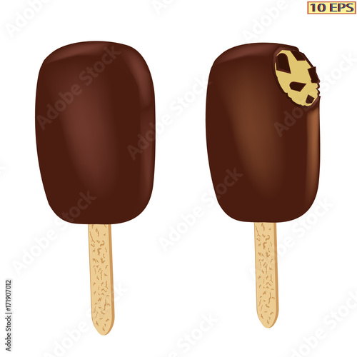 Classic Ice cream on a stick. Vector ice cream. Sundae. Chocolate ice cream. Sundae drizzled with chocolate. Dessert. The ice cream in chocolate with nuts. Sundae caramel. Vector illustration.