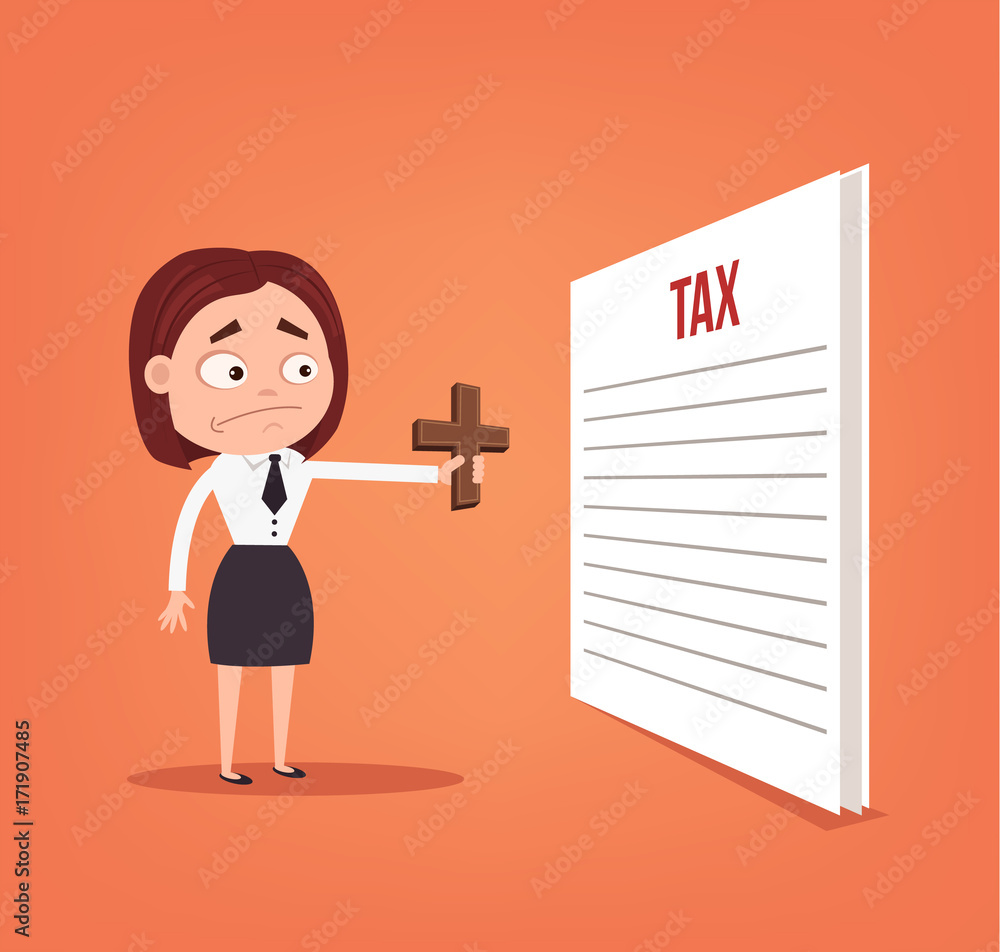 Worry surprised office worker business woman character look at tax and want to escape. Vector flat cartoon illustration Worry surprised office worker business woman character look at tax and want to escape. Vector flat cartoon illustration
