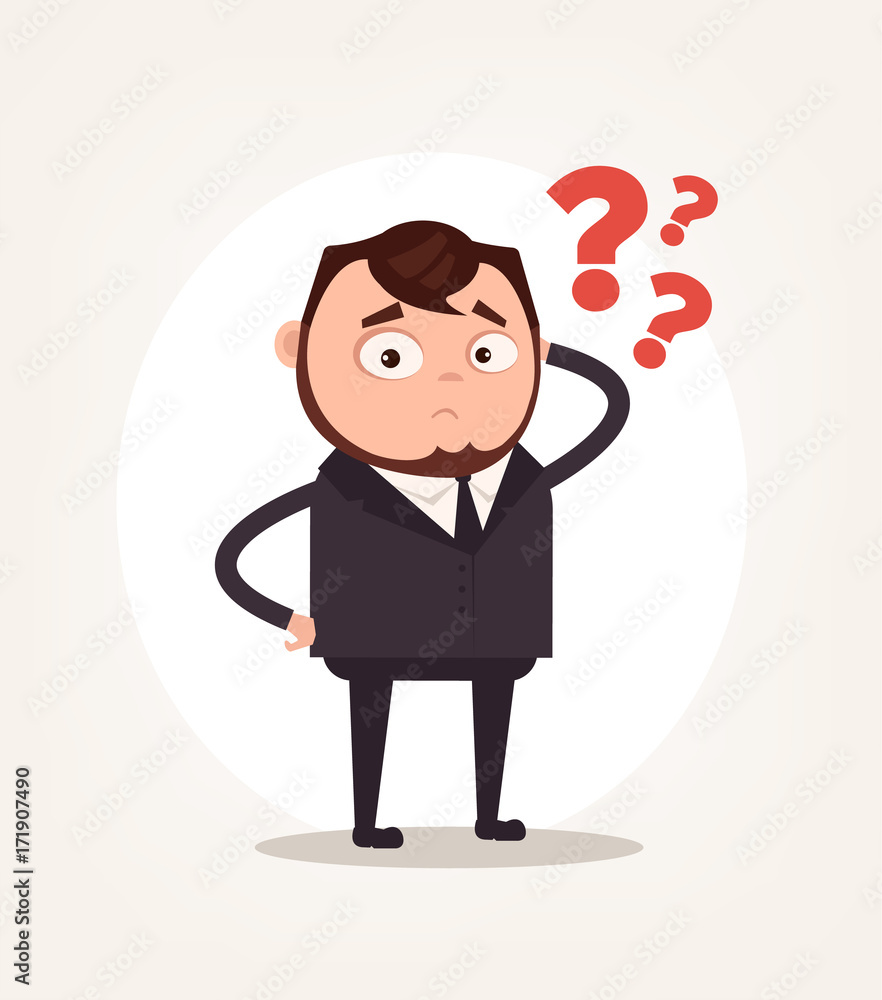 Worry confused office worker businessman character thinking. Vector flat cartoon illustration Worry confused office worker businessman character thinking. Vector flat cartoon illustration
