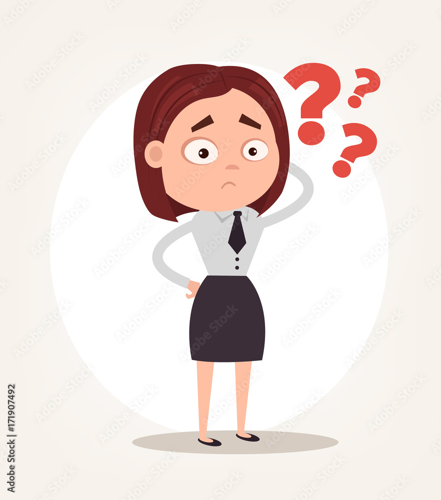 Worry confused office worker business woman character thinking. Vector flat  cartoon illustration Stock Vector | Adobe Stock