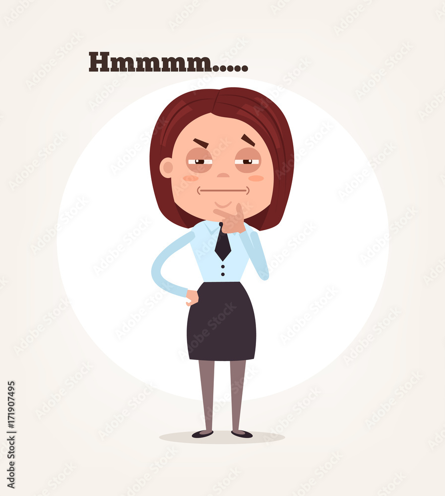 Office worker business woman character suspect and thinking. Vector flat cartoon illustration