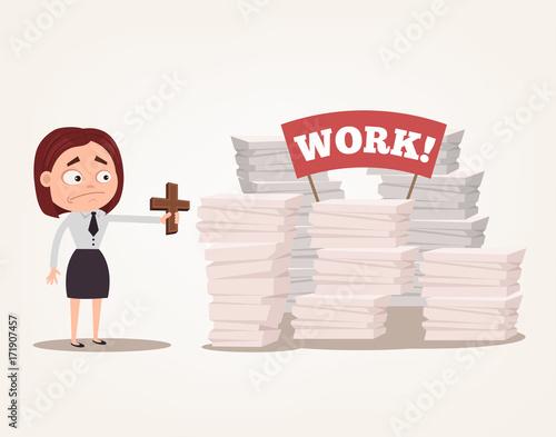 Worry angry woman office worker character has lot of work and too busy. Vector flat cartoon illustration