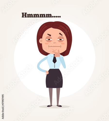 Office worker business woman character suspect and thinking. Vector flat cartoon illustration