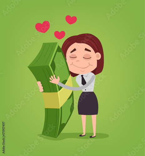 Happy smiling office worker business woman character hug big money. Vector flat cartoon illustration