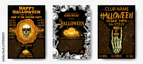 Halloween costume party invitation and greeting card set, flyer, banner, poster templates. Hand drawn skull and bones elements and handwritten ink lettering. Lot of space for text. Vector.