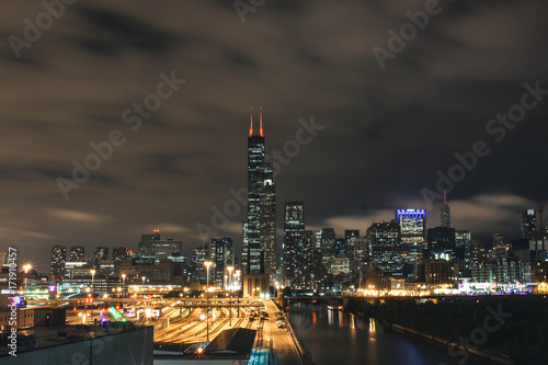 view of chicago skyline with moody clouds