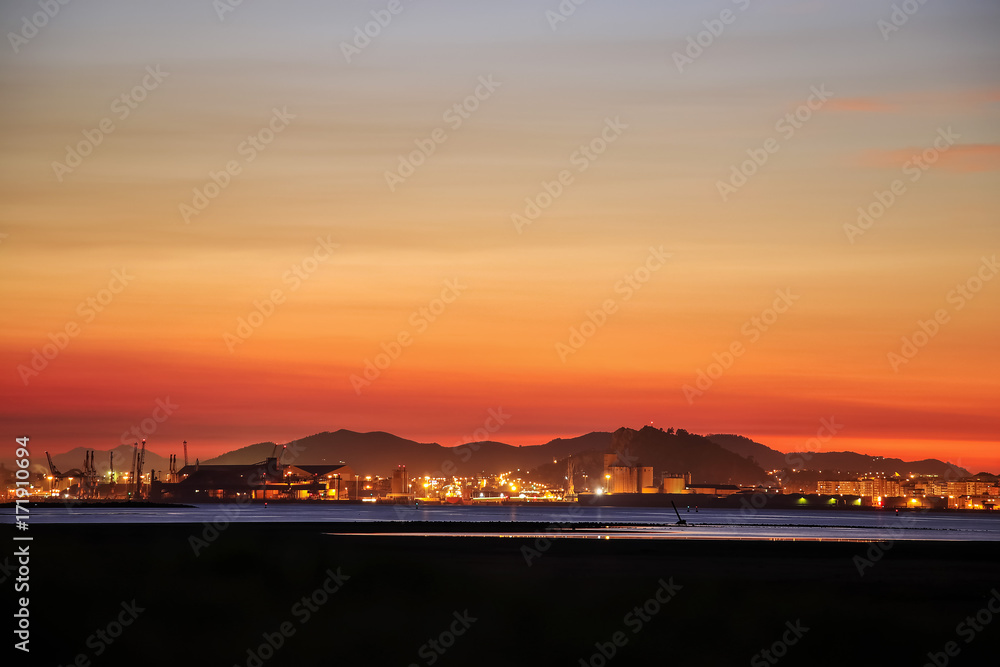 Panoramic view of Santander city from the Bay of Santander in evening. Cantabria, Spain