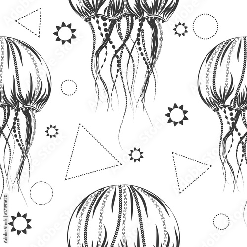 Seamless pattern with jellyfish. Sacred geometry motifs.