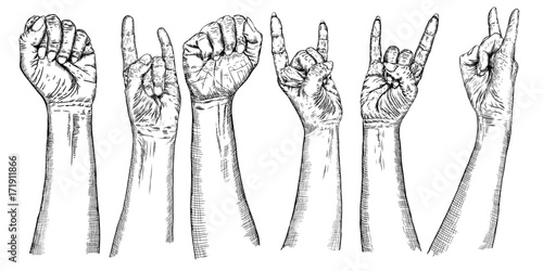 Set of human palm raised up. Collection of girl and man hands in different gestures emotions and signs. Woman and man wrist with Rock and Roll music or Heavy Metal gesture. Vector.