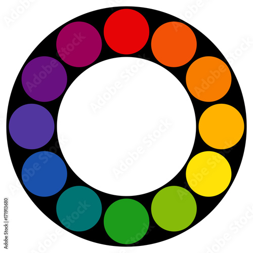 12 sectioned RYB (red, yellow, blue; used by artists) color wheel with circles in black ring. The complementary colors are opposite each other. Vector graphic on isolated background.