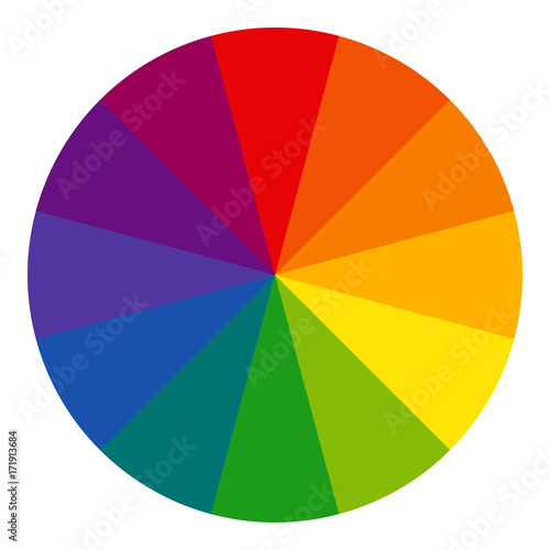 12 sectioned RYB (red, yellow, blue; used by artists) color wheel in radial form. The complementary colors are opposite each other. Vector graphic on isolated background.
