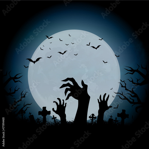 Halloween night background with haunted house, tree, pumpkin and bats. Vector