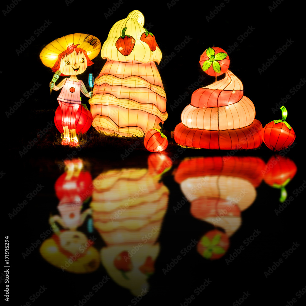 Display of Chinese traditional lanterns - a girl and strawberry ice-cream on water