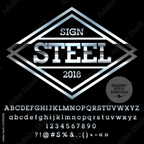 Vector Logo Template. Chrome Alphabet set of letters, numbers and symbols. Silver Font contains Graphic Style