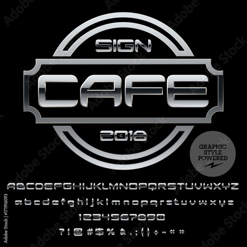 Vector Silver Logo Template for elite Cafe. Luxury set of Letters, Numbers, Symbols. Graphic Style Font