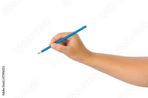 Men hand holding blue pencil on isolated white background