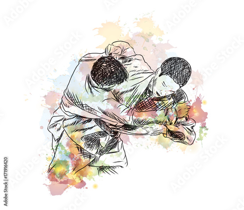 Watercolor sketch of Playing Judo Karate in vector illustration.
