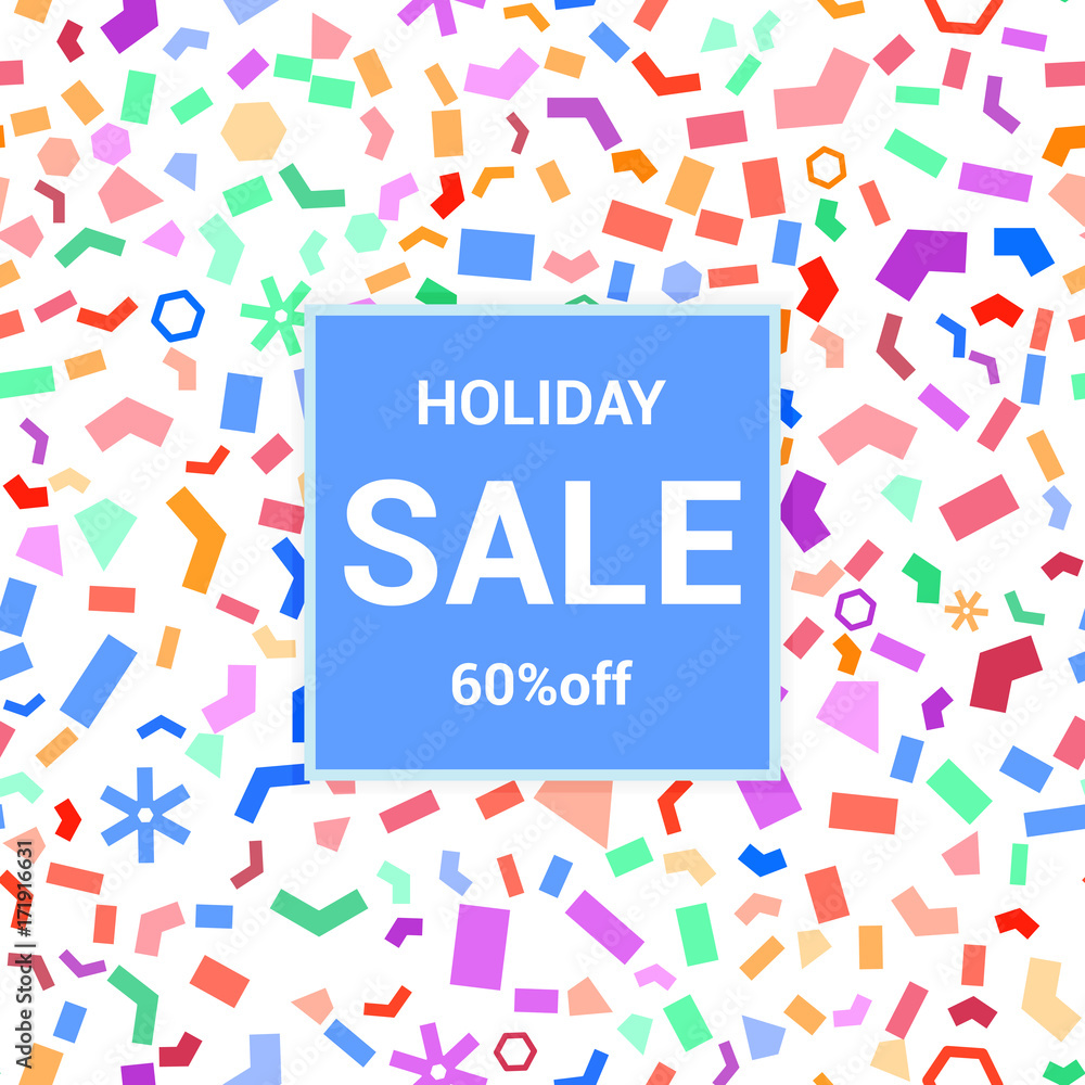Sale template, discount banner on bright colorful background, random, chaotic, scattered geometric elements. Vector illustration