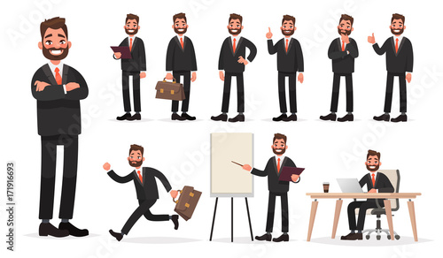 Happy businessman. A character set of an office worker man in various poses and situations