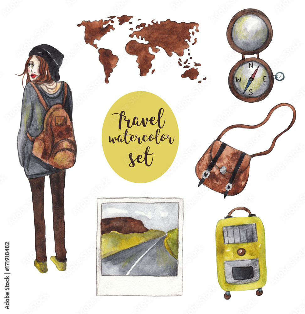 Watercolor travel set on white isolated background. Cute girl with brown  hair, bag, world map, picture, compass and suitcase Stock Illustration