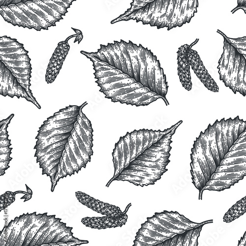 Engraving seamless pattern of birch leaves and seeds.