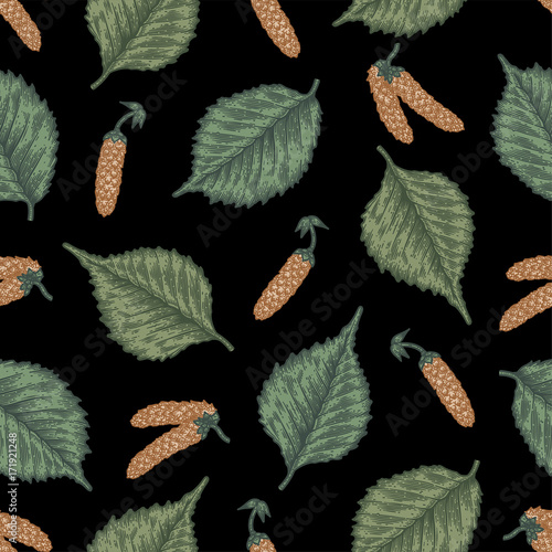 Engraving seamless pattern of birch leaves and seeds.