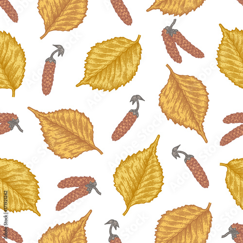 Engraving autumn birch seamless pattern.