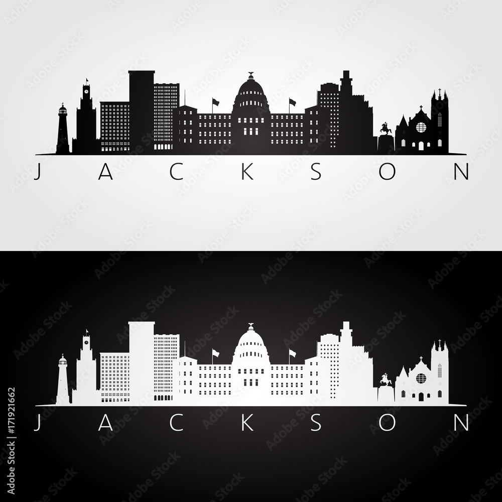 Obraz Jackson USA skyline i zabytki sylwetka, czarno-biały design, ilustracji wektorowych.