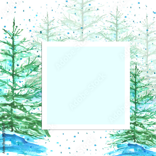 Watercolor New Year's Christmas card, tag with forest landscape, trees fir, pine, cedar, snowfall, snowdrifts. Green and blue Colour. With a place for your inscription and design