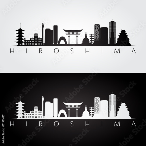 Hiroshima skyline and landmarks silhouette, black and white design, vector illustration.