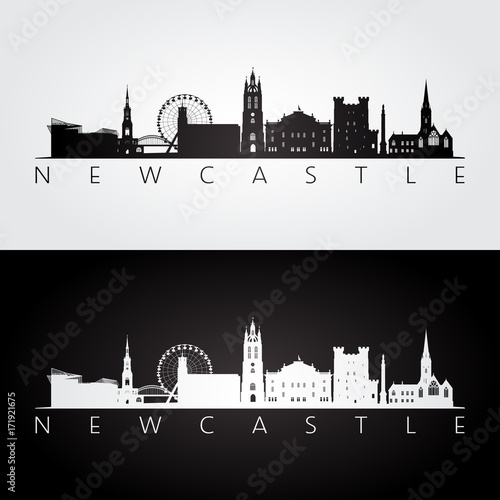 Newcastle skyline and landmarks silhouette, black and white design, vector illustration.
