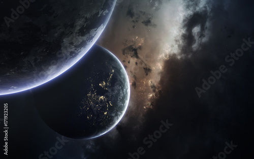 Science fiction space wallpaper  incredibly beautiful planets  galaxies  dark and cold beauty of endless universe. Elements of this image furnished by NASA