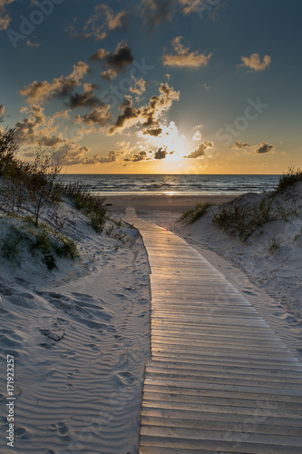 Path to Baltic sea in sunset time, Liepaja, Latvia.