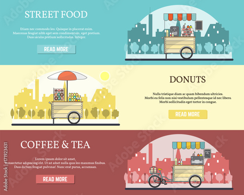 Vector set of tricycle street food bike horizontal banners