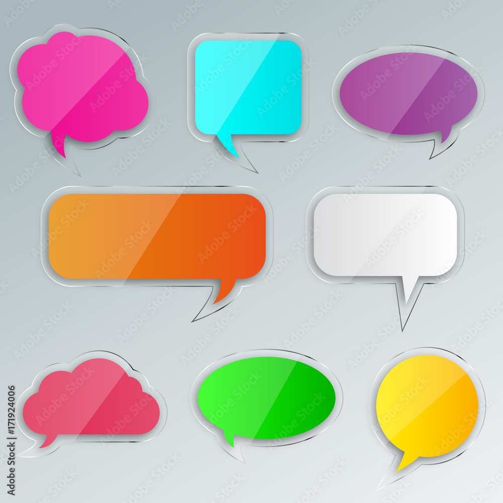 Set of blank empty colorful glass speech bubbles. Different design and color of comic bubble cloud collection. Vector illustration. Set of blank empty colorful glass speech bubbles. Different design and color of comic bubble cloud collection. Vector illustration.