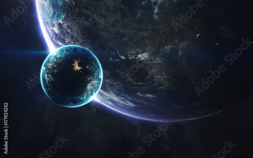 Endless universe, science fiction image, dark deep space with giant planets, hot stars, starfields. Incredibly beautyful cosmic landscape . Elements of this image furnished by NASA