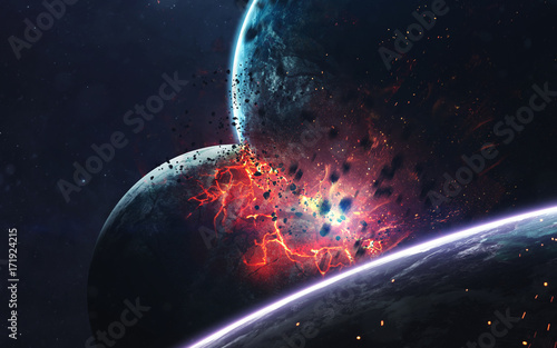 Planets explosion, science fiction image, dark deep space with giant planets, hot stars, starfields. Incredibly beautiful cosmic landscape . Elements of this image furnished by NASA