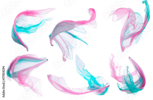 Fotografija Fabric Cloth Flowing on Wind, Flying Blowing Silk Pieces, Isolated over White Ba